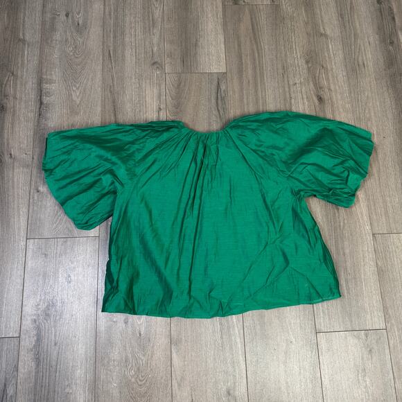 Madewell Bubble Sleeve Top Sz 6 Verdant Green Split V-Neck Pullover Cotton-Silk - Picture 7 of 9